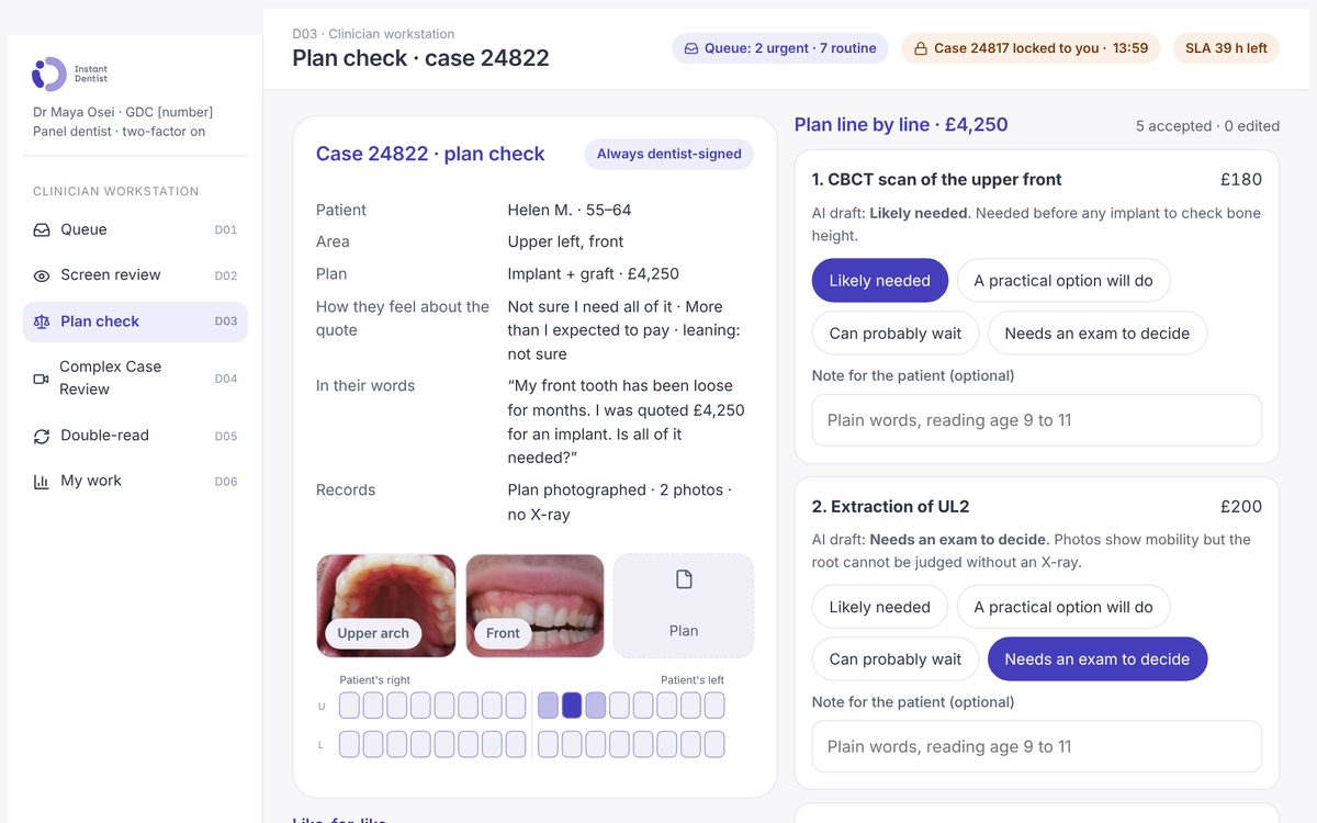 The reviewing dentist's plan check screen with a verdict on each line